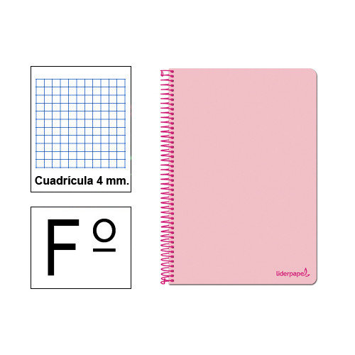 Cuaderno espiral tapa blanda liderpapel serie smart en formato fº, 80 hj. 60 grs/m². 4x4 c/m. color rosa.