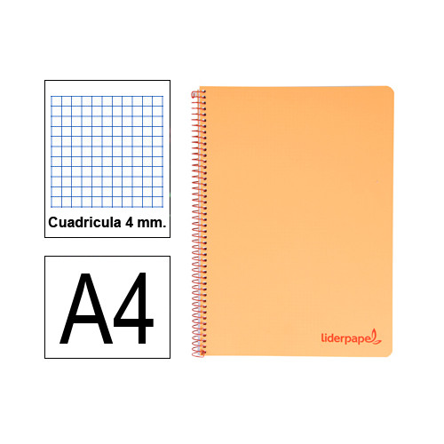 Cuaderno espiral con tapas de polipropileno liderpapel serie wonder, din a4, 80 hj. 90 grs/m². 4x4 c/m. naranja