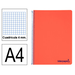 Cuaderno espiral con tapas de polipropileno liderpapel serie wonder, din a4, 80 hj. 90 grs/m². 4x4 c/m. rojo