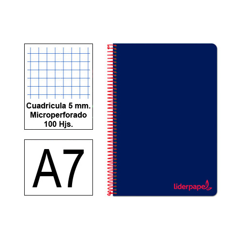 Cuaderno espiral tapa de polipropileno liderpapel serie wonder en formato din a-7, 100 hj. 90 grs/m². 5x5 c/m. color azul.