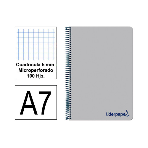 Cuaderno espiral tapa de polipropileno liderpapel serie wonder en formato din a-7, 100 hj. 90 grs/m². 5x5 c/m. color gris.