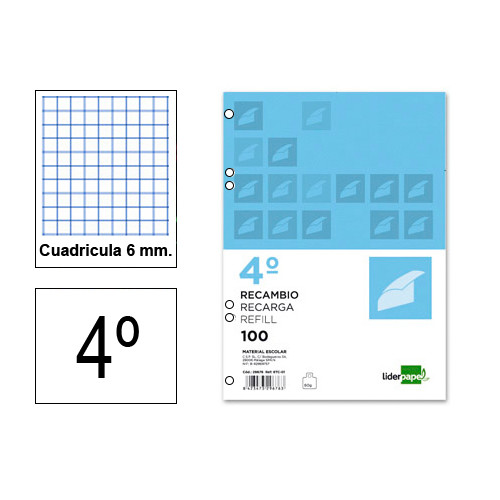 Recambio de anillas con 6 taladros liderpapel, 4º, 100 hj. 60 grs/m². 6x6 c/m.