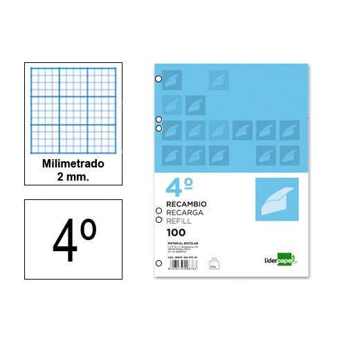 Recambio de anillas con 6 taladros liderpapel, 4º, 100 hj. 60 grs/m². milimetrado 2 mm. s/m.