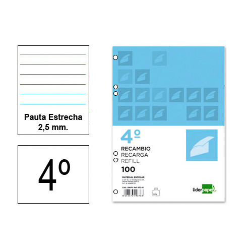 Recambio de anillas con 6 taladros liderpapel, 4º, 100 hj. 60 grs/m². pauta estrecha 2,5 mm. c/m.