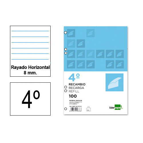 Recambio de anillas con 6 taladros liderpapel, 4º, 100 hj. 60 grs/m². rayado horizontal 8 mm. c/m.