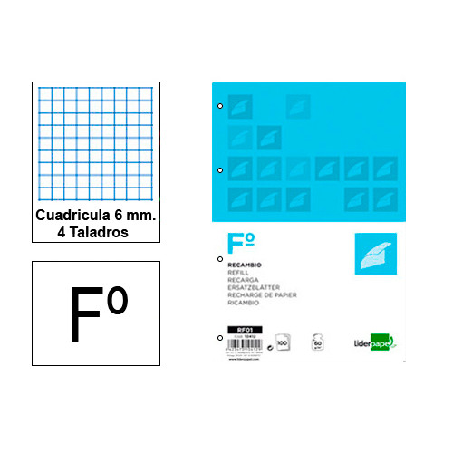 Recambio de anillas con 4 taladros liderpapel en formato fº, 100 hj. 60 grs/m². 6x6 c/m.