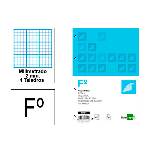 Recambio de anillas con 4 taladros liderpapel en formato fº, 100 hj. 60 grs/m². milimetrado 2 mm. s/m.