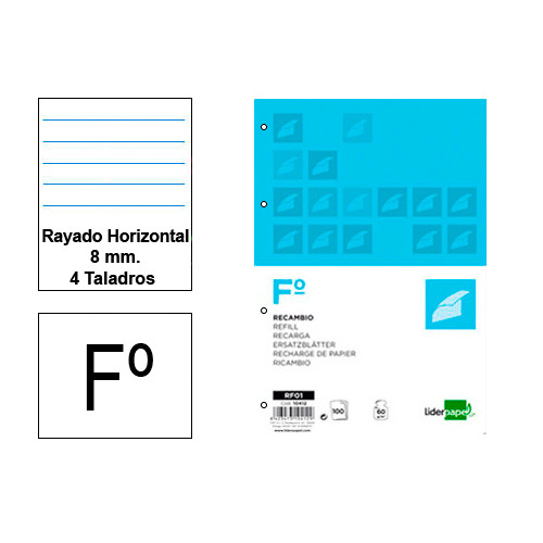 Recambio de anillas con 4 taladros liderpapel en formato fº, 100 hj. 60 grs/m². rayado horizontal 8 mm. c/m.