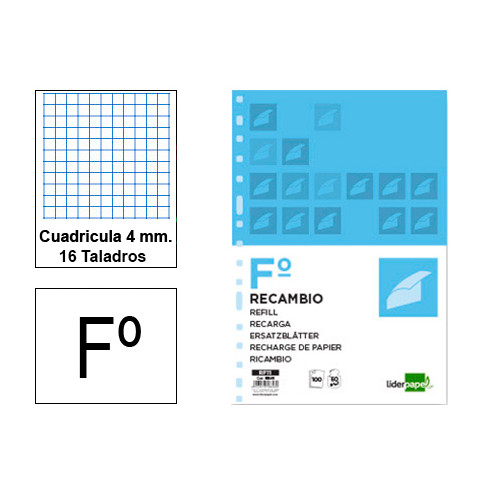 Recambio de anillas con 16 taladros liderpapel, din a4, 100 hj. 60 grs/m². 4x4 c/m.