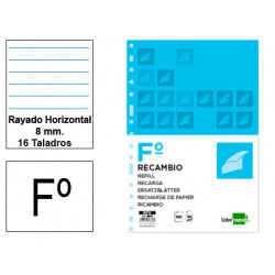 Recambio de anillas con 16 taladros liderpapel, fº, 100 hj. 60 grs/m². rayado horizontal 8 mm. c/m.