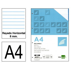 Recambio de anillas con 4 taladros liderpapel, din a4, 120 hj. 70 grs/m². rayado horizontal 8 mm. s/m. 5 colores de banda