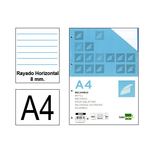 Recambio de anillas con 4 taladros liderpapel, din a4, 120 hj. 70 grs/m². rayado horizontal 8 mm. s/m. 5 colores de banda