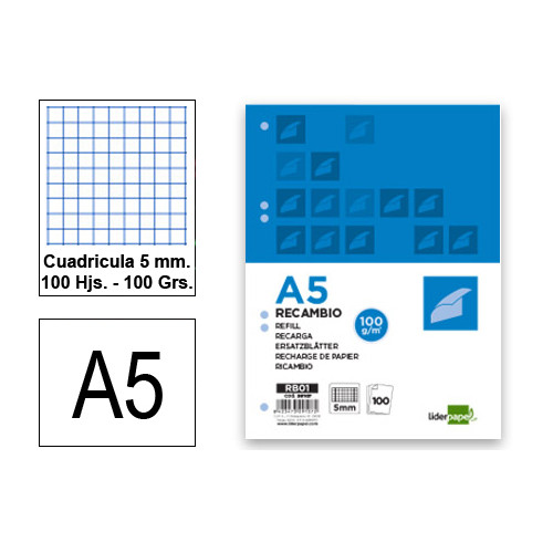 Recambio de anillas con 6 taladros liderpapel, din a5, 100 hj. 100 grs/m². 5x5 d/m.