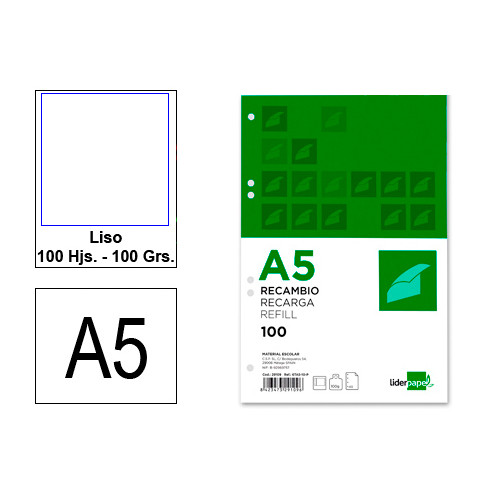 Recambio de anillas con 6 taladros liderpapel, din a5, 100 hj. 100 grs/m². liso d/m.