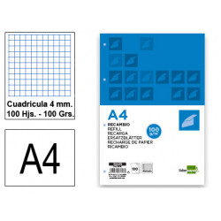 Recambio de anillas con 4 taladros liderpapel, din a4, 100 hj. 100 grs/m². 4x4 c/m.