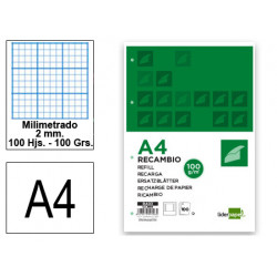 Recambio de anillas con 4 taladros liderpapel, din a4, 100 hj. 100 grs/m². milimetrado 2 mm. c/m.