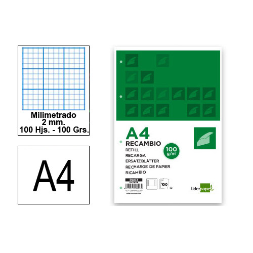 Recambio de anillas con 4 taladros liderpapel, din a4, 100 hj. 100 grs/m². milimetrado 2 mm. c/m.