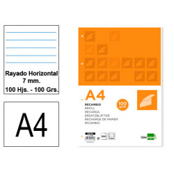 Recambio de anillas con 4 taladros liderpapel, din a4, 100 hj. 100 grs/m². rayado horizontal 8 mm. c/m.