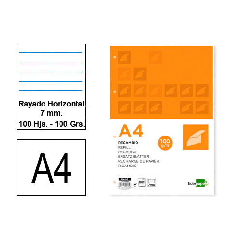 Recambio de anillas con 4 taladros liderpapel, din a4, 100 hj. 100 grs/m². rayado horizontal 8 mm. c/m.