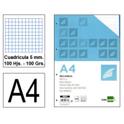 Recambio de anillas con 4 taladros liderpapel, din a4, 100 hj. 100 grs/m². 5x5 s/m. 5 colores de banda