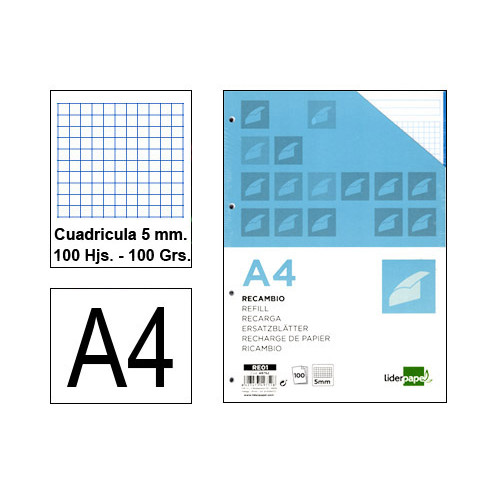 Recambio de anillas con 4 taladros liderpapel, din a4, 100 hj. 100 grs/m². 5x5 s/m. 5 colores de banda