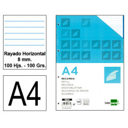 Recambio de anillas con 4 taladros liderpapel, din a4, 100 hj. 100 grs/m². rayado horizontal 8 mm. s/m. 5 colores de banda