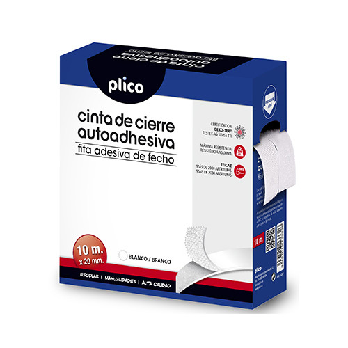 Velcro autoadhesivo plico en rollo de 20 mm. x10 mts. en color blanco.