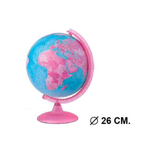 Esfera terrestre con cartografía física y política, con luz replogle pink diámetro de 26 cm. con base y meridiano rosa.