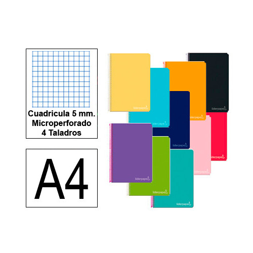 Cuaderno espiral tapa dura liderpapel serie witty en formato din a-4, 140 hj. 75 grs/m². 5x5 c/m. microperforado, 4 taladros.