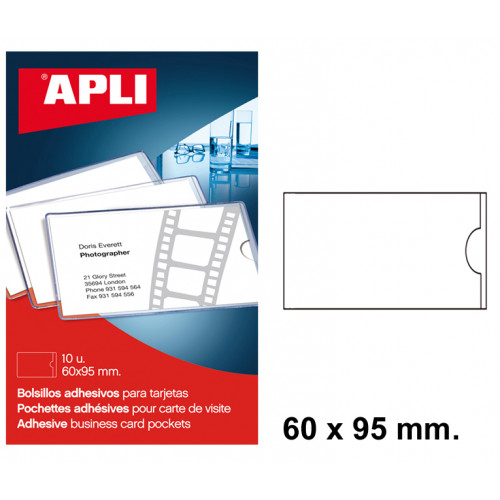 Bolsillo adhesivo para tarjetas apli de 60x95 mm. blíster de 10 uds.