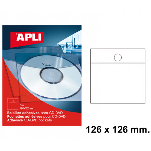 Bolsillo adhesivo para cd/dvd con solapa apli de 126x126 mm. blíster de 6 uds.