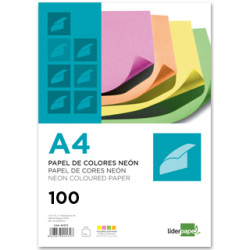 Papel liderpapel color, din a4, 75 grs/m². 4 colores surtidos neón, paquete de 100 hojas