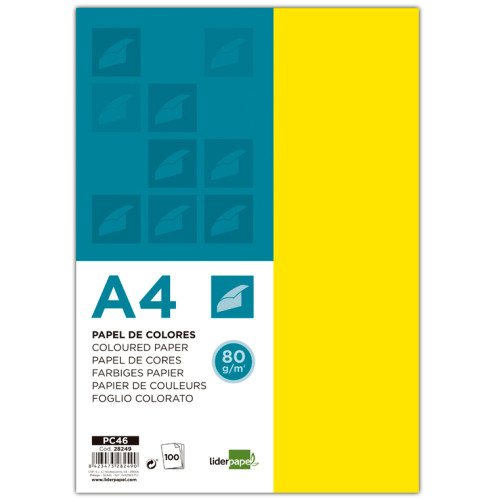 Papel liderpapel color, din a4, 80 grs/m². amarillo, paquete de 100 hojas