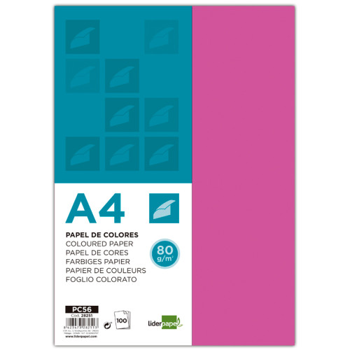 Papel liderpapel color, din a4, 80 grs/m². fucsia, paquete de 100 hojas