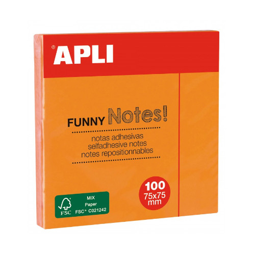 Bloc de notas adhesivas apli gama funny, 75x75 mm. naranja fluorescente