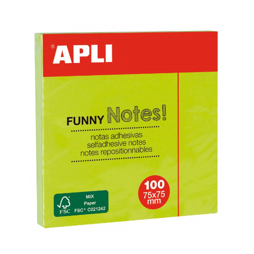 Bloc de notas adhesivas apli gama funny, 75x75 mm. verde fluorescente