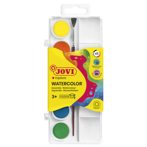 Acuarela escolar jovi, estuche de 6 pastillas de 22 ml. colores surtidos + pincel