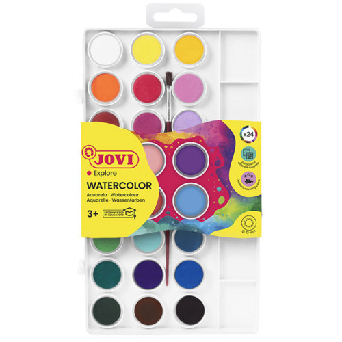 Acuarela escolar jovi, estuche de 24 pastillas de 22 ml. colores surtidos + pincel