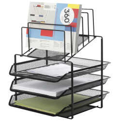 Conjunto de 3 bandejas portadocumentos metálicas de rejilla con soporte superior para cartas q-connect, 300x350x420 mm. negro