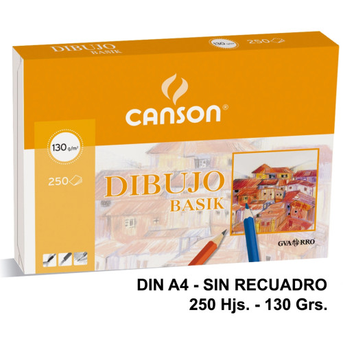 Papel de dibujo canson basik, din a4, sin recuadro, 130 grs/m². paquete de 250 hojas