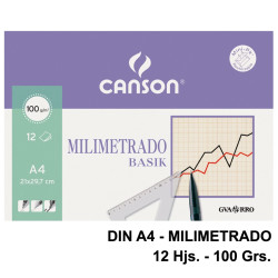 Papel de dibujo canson basik, din a4, milimetrado, 100 grs/m². minipack de 12 hj.