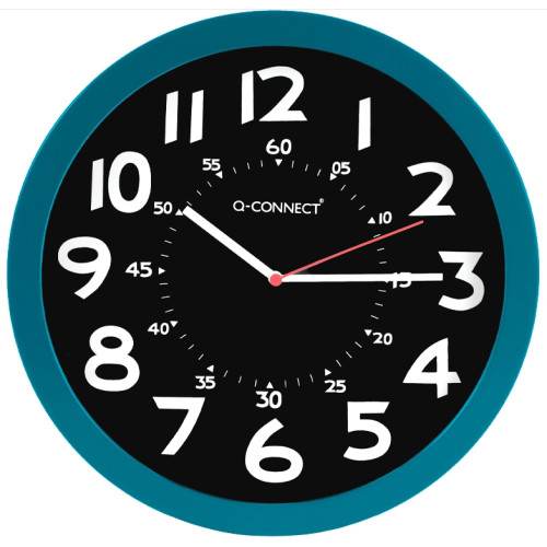 Reloj de pared q-connect plástico redondo Ø 30 cm., esfera negra marco azul